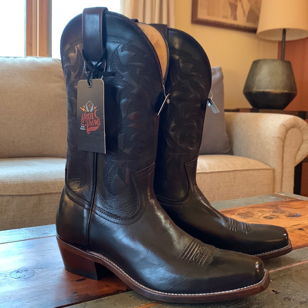 Bootbarn Moonshine Spirit dark brown square toe leather cowboy boots.